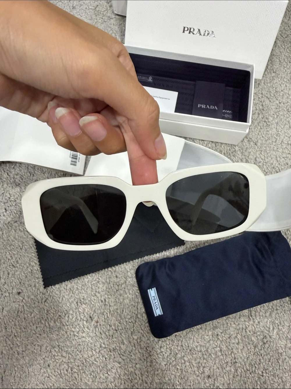 Prada White Rectangular Sunglasses with Dark Lenses 0PR 17WS Talc Smoke Grey